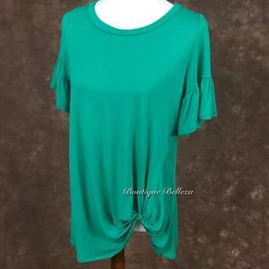 Emerald Knit Top w/ Mini Bell Sleeve and Knot